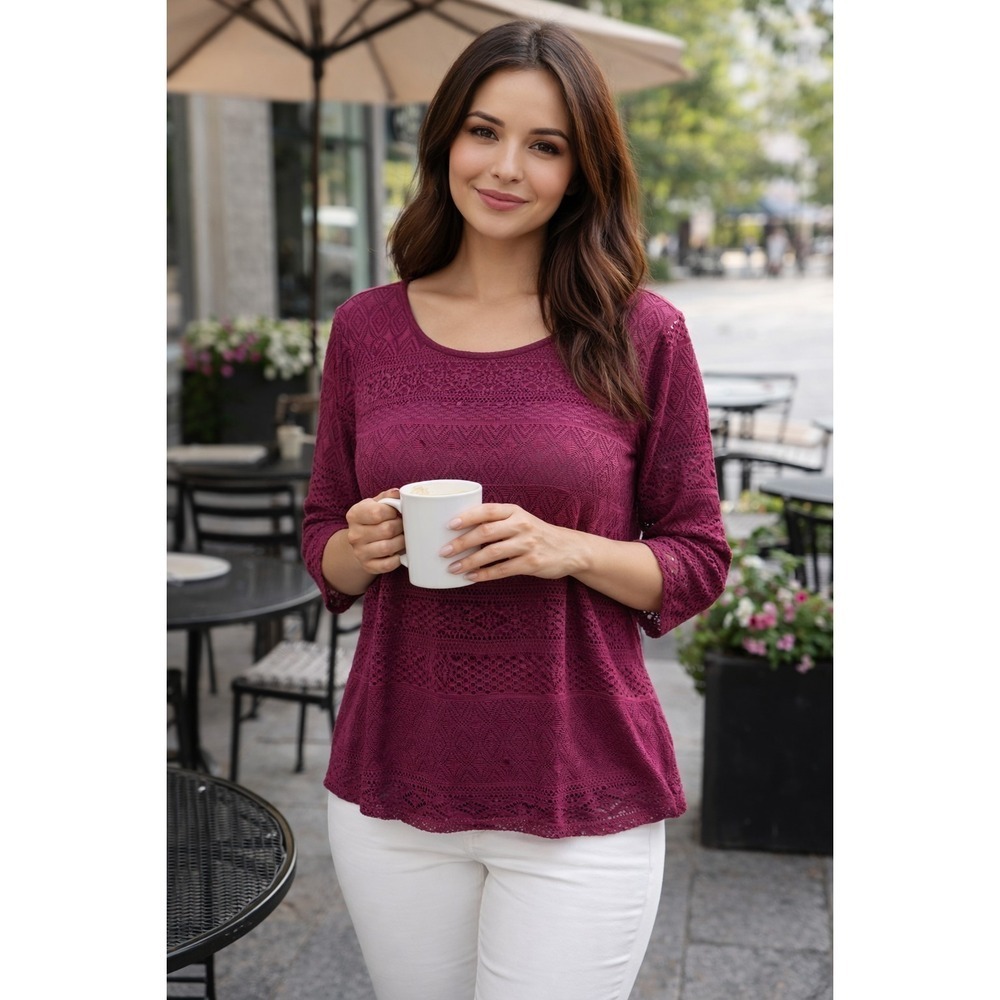 Dana Buchman Women's Size XXL Magenta Pink Lace Scoop Neck 3/4 Sleeve Blouse